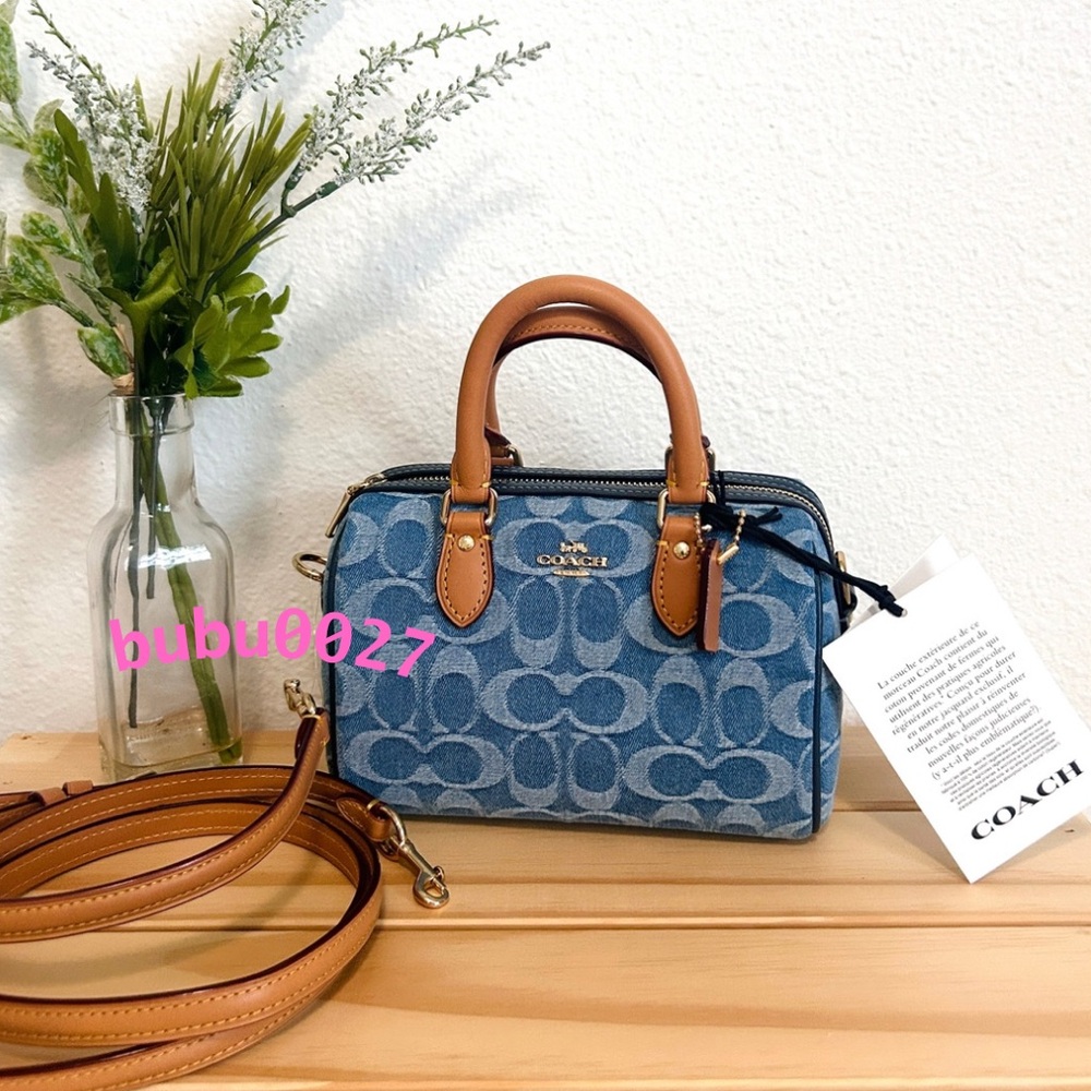 NWT💕Coach Mini Rowan Crossbody Bag In Signature Denim Satchel Top Handle CDQ36